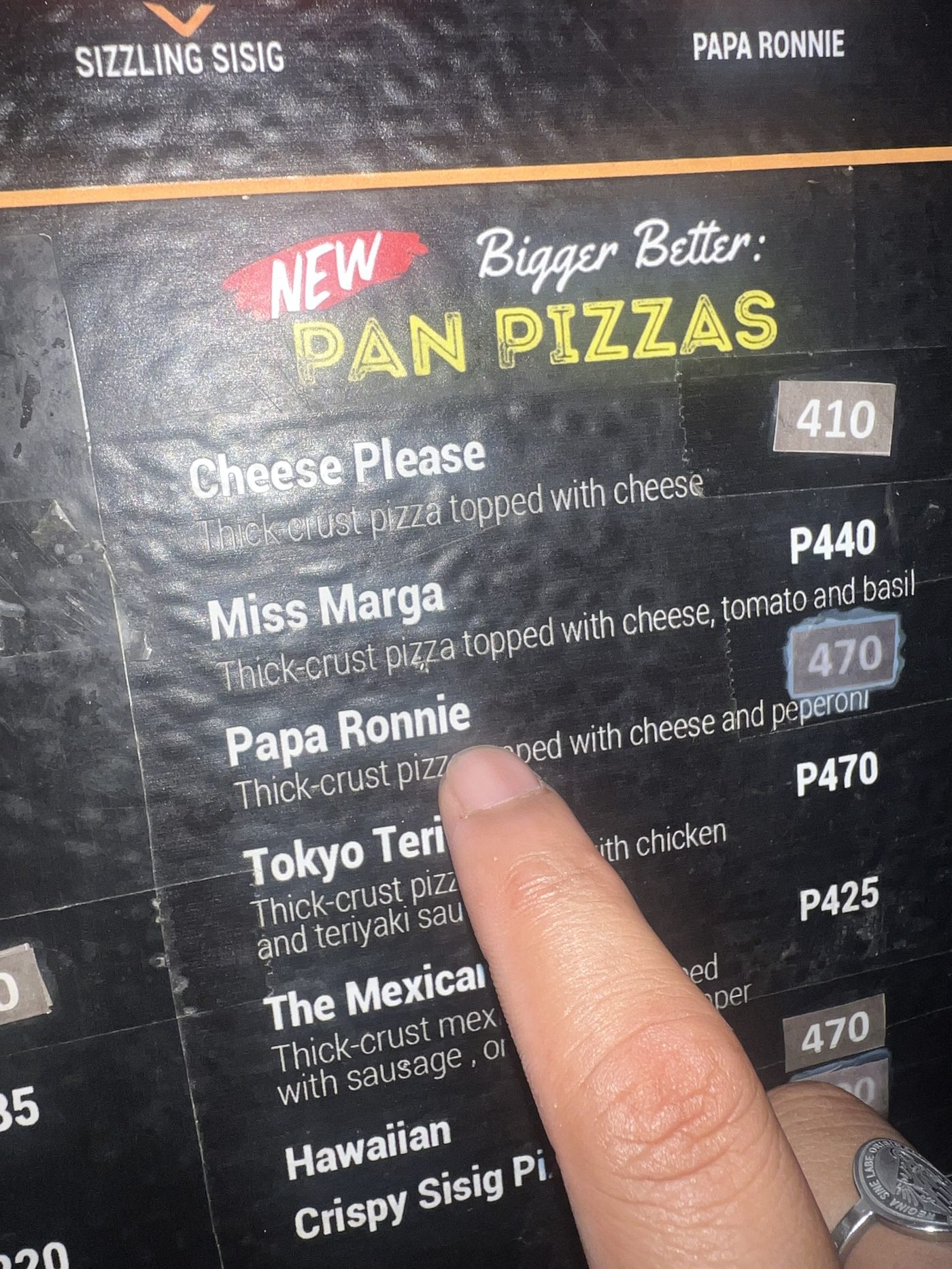 Filipino pizza menu